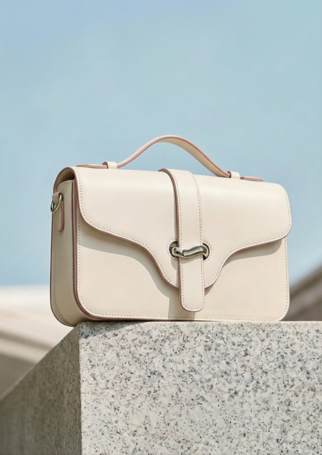 参考第一张图的构图和场景，将第二张图里的白色包包替换到第一张图中，放置在麻灰色石台上，背景为浅淡蓝天，保留包包的细节和颜色高度还原原包样式，整体光影自然写实预览效果