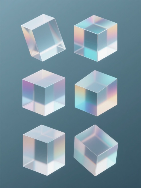 6个透明渐变玻璃质感立方体组成的系列素材集合，每个立方体具有完全不同的独特造型和多角度视图，均采用纯色背景，保持现代简约设计风格，整体规整排布，每个立方体拥有各自独立的不同配色方案，呈现出水晶般的透明光泽和柔和的渐变色彩效果，光影过渡自然，立体感强，设计感十足。预览效果