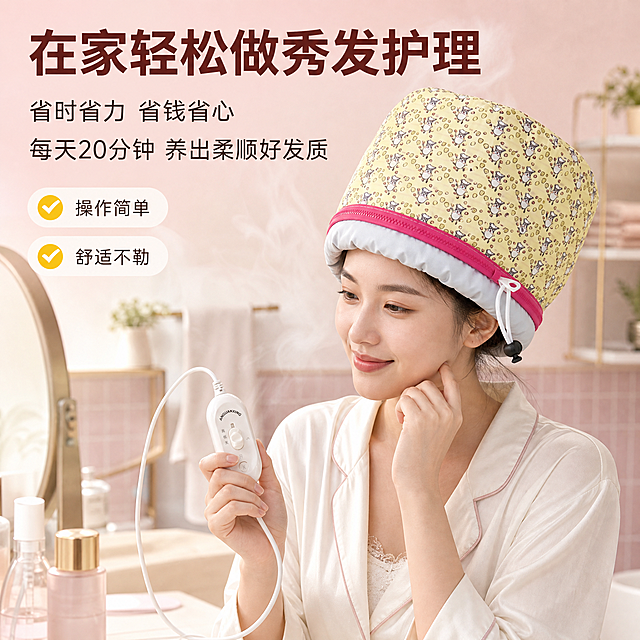 [主图-5] 居家使用场景图 真人佩戴展示 舒适体验。
[统一基调] 国内电商美妆个护风格，温馨居家专业感；背景主色为柔粉色渐变+浅米色，标题字色深棕/酒红，辅助字色深灰，强调色为暖黄色（对勾/高亮）；主标题用干净非衬线粗体，辅助文案用同系列常规体；卡片用圆角浅白底+细粉边，图标简洁线性。
[画面] 温馨居家浴室/梳妆台场景，一位东亚女性（25-35岁，温柔气质，中长发）坐在梳妆台前，头上戴着黄色卡通印花护发帽（帽身浅黄底卡通小动物满印+玫红包边），手中拿着白色温控控制器正在调节档位，表情放松愉悦。背景有柔和的浴室瓷砖、毛巾、绿植等居家元素，虚化处理。画面有淡淡的蒸汽/水雾效果，营造热敷护理的舒适氛围。产品占画面适中比例，人物和产品自然融合。
[光影质感] 生活方式摄影质感，自然光+暖光混合，光线柔和，人物皮肤自然，护发帽布料纹理真实，控制器塑料质感清晰，整体温暖舒适有代入感。
[配色] 场景主色调暖米+柔粉；人物服装浅色；产品黄+玫红+灰保留；标题文字深酒红；辅助文字深灰。
[文字版式] 画面上方或侧边大标题：「在家轻松做秀发护理」，粗体深酒红色。标题下方两行小字：「省时省力 省钱省心」「每天20分钟 养出柔顺好发质」。画面角落有小型黄色对勾图标+文字：「操作简单」「舒适不勒」。文字放在画面负空间，不遮挡人物和产品主体。
[输出要求] 1:1正方形，2048x2048，2K清晰度，人物自然真实，产品佩戴效果合理，场景温馨有代入感；负向：变形、错字、模糊、杂乱、水印、平台Logo、人物面部扭曲、手指畸形、穿模、悬浮、夸张医疗效果。