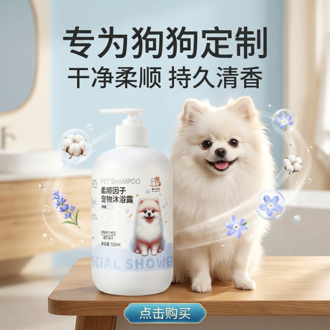 为狗狗沐浴露产品制作一张淘宝高点击率商品主图，比例1:1，更换背景，不要和原示例背景一样，产品卖点文案："专为狗狗定制，干净柔顺，持久清香"，突出狗狗洗澡后清香毛发柔顺的效果预览效果