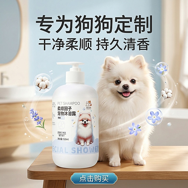 为狗狗沐浴露产品制作一张淘宝高点击率商品主图，比例1:1，更换背景，不要和原示例背景一样，产品卖点文案："专为狗狗定制，干净柔顺，持久清香"，突出狗狗洗澡后清香毛发柔顺的效果