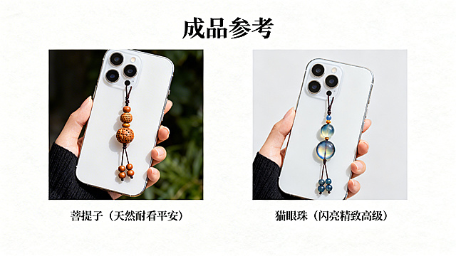 成品展示页，大标题：成品参考，左侧放大图展示天然菩提子手机链挂在手机上的实拍，右侧放大图展示猫眼珠手机链挂在手机上的实拍，背景干净简约，文字标注：菩提子（天然耐看平安），猫眼珠（闪亮精致高级）