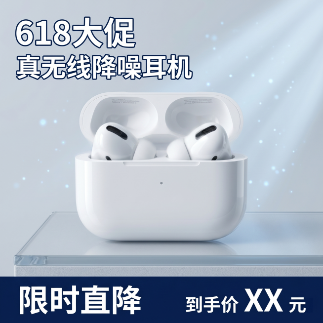 [主图-1]618大促真无线蓝牙耳机首图
[氛围风格]现代简约科技感，大促活动氛围
[画质]商业摄影质感，光线柔和通透，产品清晰真实，画面干净高级
[元素]白色开盖真无线蓝牙耳机居中放置，保持产品外观预览效果