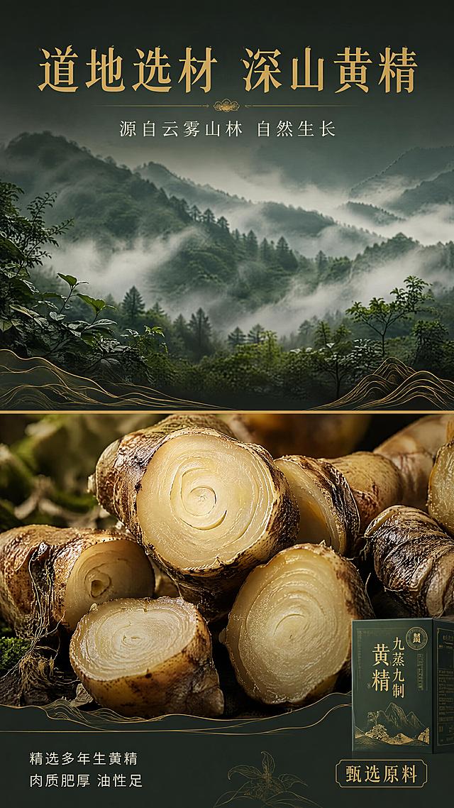[第3屏] 成分产地屏-黄精原料微距与山林产地叙事。本屏为原料产地专屏，无需使用产品图作为主体，产品仅作小尺寸辅助。
[氛围/风格] 自然原生态质感，东方禅意，山林静谧氛围，高级商业摄影。
[元素布局] 画面上半部分为深山云雾缭绕的山林场景（黄精产地），占屏约50%；下半部分为黄精原料根茎微距特写，切面纹理清晰可见，占屏约40%；右下角小尺寸露出九蒸九制黄精礼盒一角（占比≤10%）；背景为深绿灰渐变，点缀金色山水线条装饰；原料元素合计占主视觉≥60%。
[光影质感] 自然散射光模拟山林晨雾效果，黄精根茎切面有柔和高光，纹理清晰，整体通透自然。
[配色色系] 全局底色 #2C332B 深绿灰；主色 草木绿#5B7553 + 金色#C9A961；辅助色 米白#EDE4D3、深棕。
[视角构图] 上下分屏构图，上场景下微距，俯视+平视结合，阅读动线从上到下。
[文字版式] 版式为顶部产地标题 + 中部原料画面 + 底部成分说明。主标题「道地选材 深山黄精」，金色宋体，顶部居中；副标题「源自云雾山林 自然生长」，米白细黑；底部左侧文字：「精选多年生黄精 肉质肥厚 油性足」，米白色；底部右侧金色小标签：「甄选原料」；字体全套沿用宋体标题+黑体正文。
[比例分辨率] 9:16 竖版比例，4K分辨率，文字清晰可辨，高清画质。
[负向提示词] 出现罐装，人物出现，文字错乱，水印，原料不真实，背景杂乱，文字过小，产品占比过大。