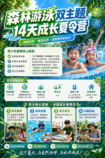 一张青少年双主题夏令营招生海报，宣传14天森林研学+专业游泳特色暑期夏令营。画面风格清新活力，融入茂密的亚热带森林和清澈游泳池元素。海报顶部醒目标题：森林游泳双主题 14天成长夏令营。正文内容：青少年预览效果