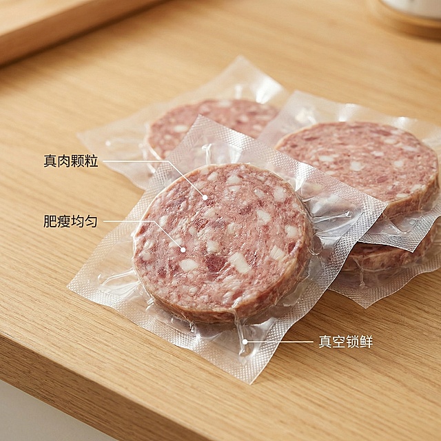 基于原图生成第二张肉肠切片电商主图，保留产品真空独立包装的外观，突出干净新鲜的肉质细节。采用微距特写拍摄，背景融入干净原木厨房台面，自然柔和光线，凸显肉粒分明的质感。用纤细引线标注产品特点：“真肉颗粒、肥瘦均匀、真空锁鲜”，文字简洁不遮挡主体，整体风格和第一张保持统一，品质感十足。
