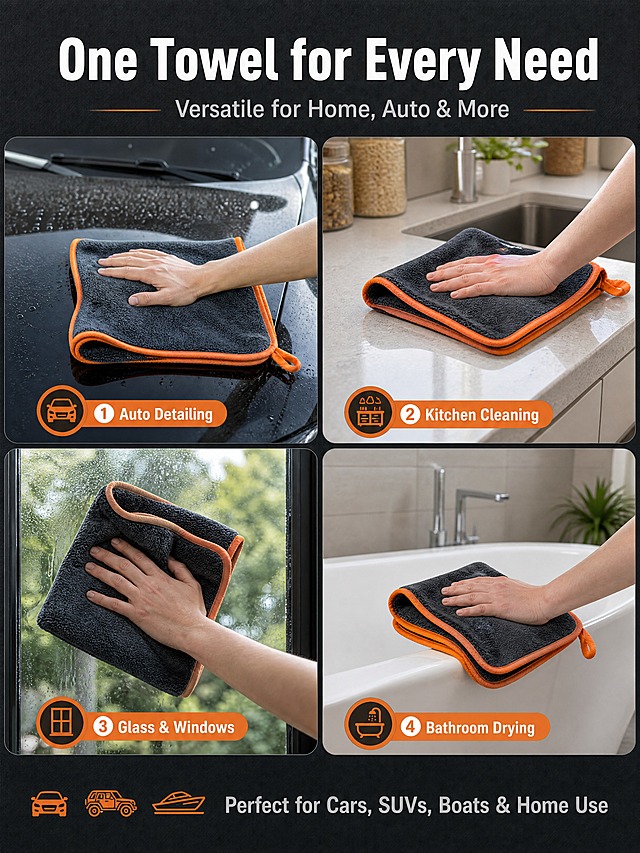 [商品] 使用【图1】深灰色双面加厚珊瑚绒擦车巾，橙色包边与挂绳；商品处理：保留深灰主体、橙色包边、挂绳、珊瑚绒材质；在不同场景中自然展示使用状态，不改变产品颜色和结构。
[画面] 目标：多场景应用页，展示产品的多种使用场景。构图：四格场景拼图，2×2布局，每格一个真实使用场景。左上：洗车擦车身；右上：厨房擦台面；左下：家居擦玻璃；右下：浴室擦干。每格中产品自然融入场景，动作真实。
[视觉] 套系策略：风格=跨境极简高级商业摄影；标题字=现代无衬线粗体（英文字体）；正文字=简洁无衬线体；主色=深炭灰；背景延展=基于深炭灰做深浅层级、同色渐变和细腻织物/哑光质感；强调色=活力橙，仅用于小面积图标、引线、标签和场景标签；标题色=白色；正文色=浅暖灰；组件=四格场景边框、场景标签条、橙色小图标；光影=每个场景自然真实光线，整体色调统一。
[文字] 顶部主标题：One Towel for Every Need（白色粗体），副标题：Versatile for Home, Auto & More（浅灰）。四格每格底部有场景标签：① Auto Detailing ② Kitchen Cleaning ③ Glass & Windows ④ Bathroom Drying。底部一行：Perfect for Cars, SUVs, Boats & Home Use。所有文字横向排版。
[规格] 图片比例3:4竖版，4K分辨率，负向提示：避免变形、错字、文字过小、颜色改变、材质失真、纯白底、中文文字、亚洲面孔、场景不真实。