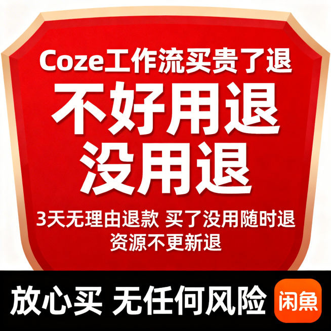 闲鱼主图，Coze工作流无效包退，红色信任状背景，大字“Coze工作流买贵了退 不好用退 没用退”，下方列“3天无理由退款 买了没用随时退 资源不更新退”，底部文字“放心买 无任何风险”，右下角带闲鱼预览效果