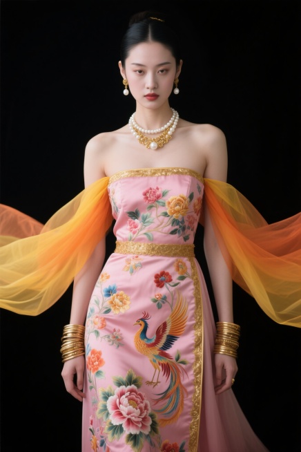 正面平视图，一件抹胸式主裙，主体为粉色底，上面绣有彩色花卉纹样，包含凤凰和牡丹元素，裙子边缘有金色镶边；肩披橙黄色渐变薄纱披风，袖口宽大飘逸。人物颈间佩戴白色珍珠与金色交织的项圈，腰间系金色腰链，手腕预览效果