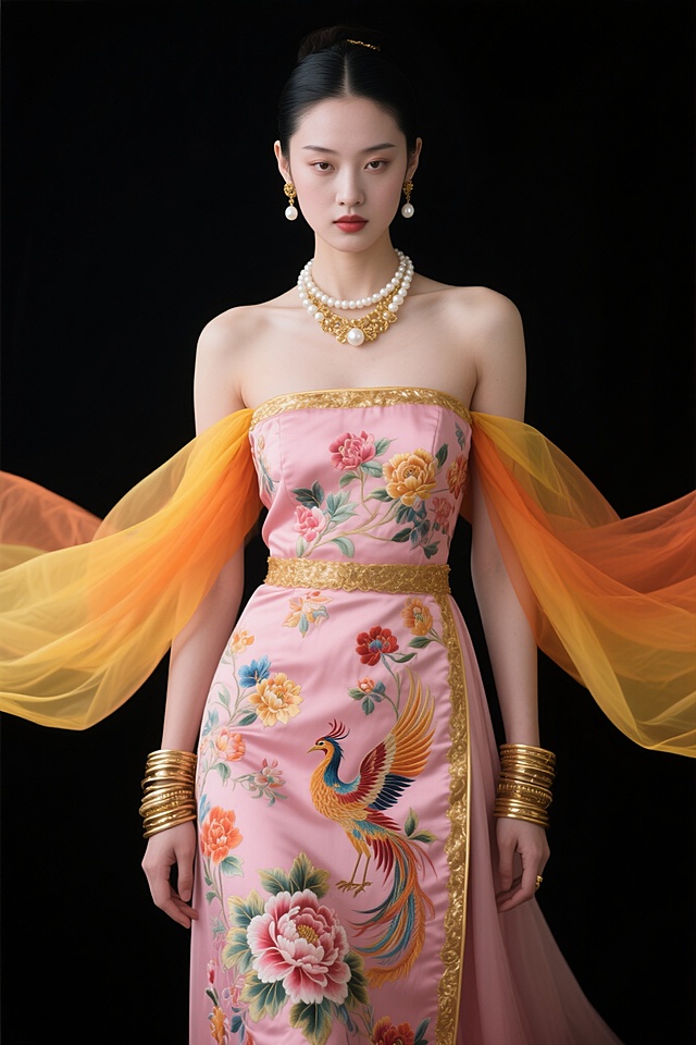 国潮风刺绣礼服，工笔花鸟纹饰，鎏金边饰点缀，古典优雅中透出奢华民族感，尽显东方美学之韵。