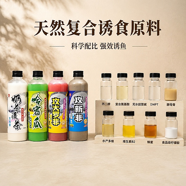 浅米色哑光台面，左侧完整摆放4瓶全套小药，右侧整齐排列透明分装原料小瓶：丙二醇、复合氨基酸、无水甜菜碱、DMPT、酵母膏、水产多维、维生素B2、蜂蜜、食品级柠檬酸，暖调柔和侧光，层次分明，顶部标题文字写【天然复合诱食原料】，副标题写【科学配比 强效诱鱼】，画面干净整洁，渔具饵料详情卖点图，8K写实高清。每瓶原料下方有小字标注名称。保持4瓶小药产品外观（即物理结构、材质质感、颜色、标签图案）与输入产品图一致，杜绝任何变形和色差，精细化处理；场景图允许光影阴影随当前场景调整以融入环境，禁止产品边缘硬切、原图白底光影残留、悬浮感。商品主体占比约60%。主色浅米暖调，辅助色深棕文字，整体专业渔具感。
负面提示词：餐饮美食摆盘、生鲜肉类、杂乱垃圾杂物、人物、暗黑色调、文字模糊、饮品果汁误导、水印贴纸、电商平台Logo、文字错乱