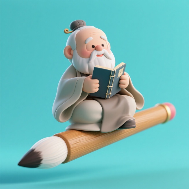 半空中，中国古代圣贤老夫子盘坐在一只毛笔上，手上拿着书，高饱和度纯色背景预览效果