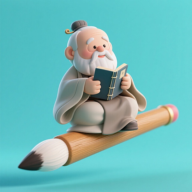 软3D风可爱老者，卡通感十足，坐于毛笔上阅读，童趣盎然。