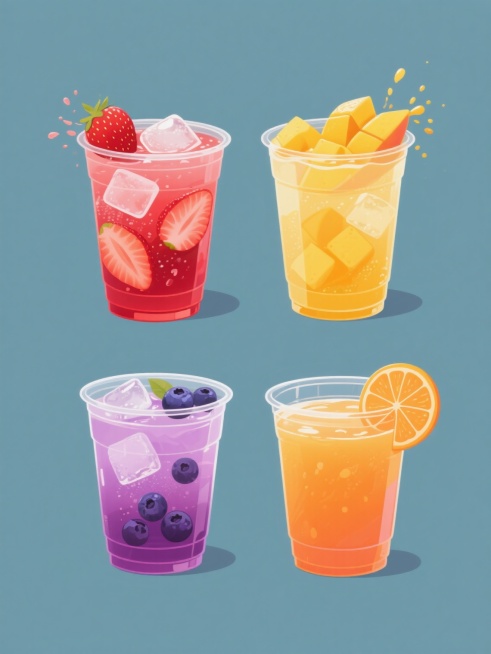 系列饮品插画设计，4个不同元素的规整排布，每个元素为透明塑料杯中盛装的不同色彩冰镇饮料，包含冰块、切片水果和飞溅的液体效果，保持高饱和色彩、平滑渐变质感、清晰光影层次和写实细节的插画风格，分别采用红色系草莓饮料配草莓切片、黄色系芒果饮料配芒果块、紫色系蓝莓饮料配蓝莓、橙色系橙汁饮料配橙片，背景为纯色，整体构图均衡统一。预览效果