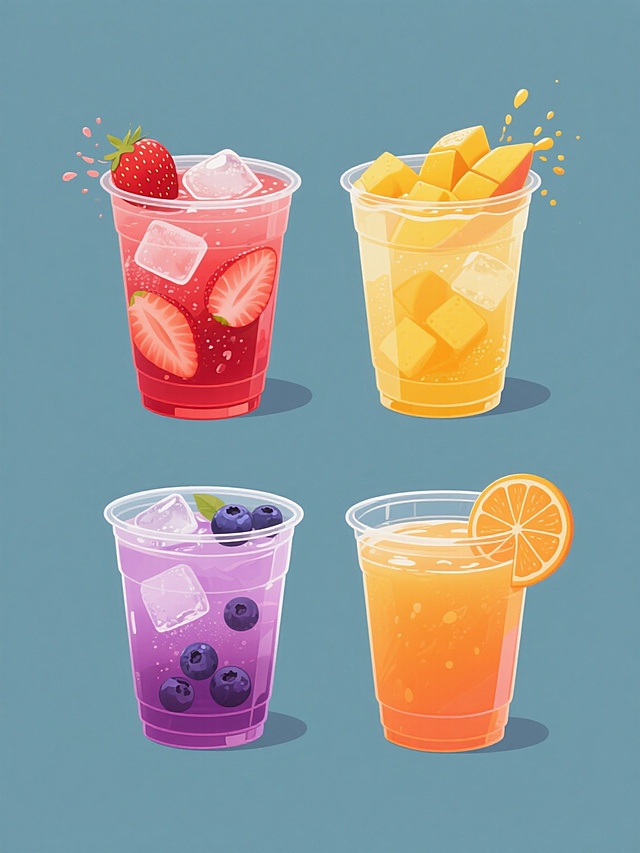 系列饮品插画设计，4个不同元素的规整排布，每个元素为透明塑料杯中盛装的不同色彩冰镇饮料，包含冰块、切片水果和飞溅的液体效果，保持高饱和色彩、平滑渐变质感、清晰光影层次和写实细节的插画风格，分别采用红色系草莓饮料配草莓切片、黄色系芒果饮料配芒果块、紫色系蓝莓饮料配蓝莓、橙色系橙汁饮料配橙片，背景为纯色，整体构图均衡统一。