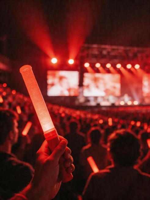 主体场景：夜晚演唱会内场观众第一视角，前景一只手高高举起亮着红光的荧光棒，占据画面左侧视觉中心；背景是舞台全景，红色舞台灯组、大型LED屏幕、台下密集的观众人群，沉浸式观演氛围拉满。构图与层次：第一人预览效果