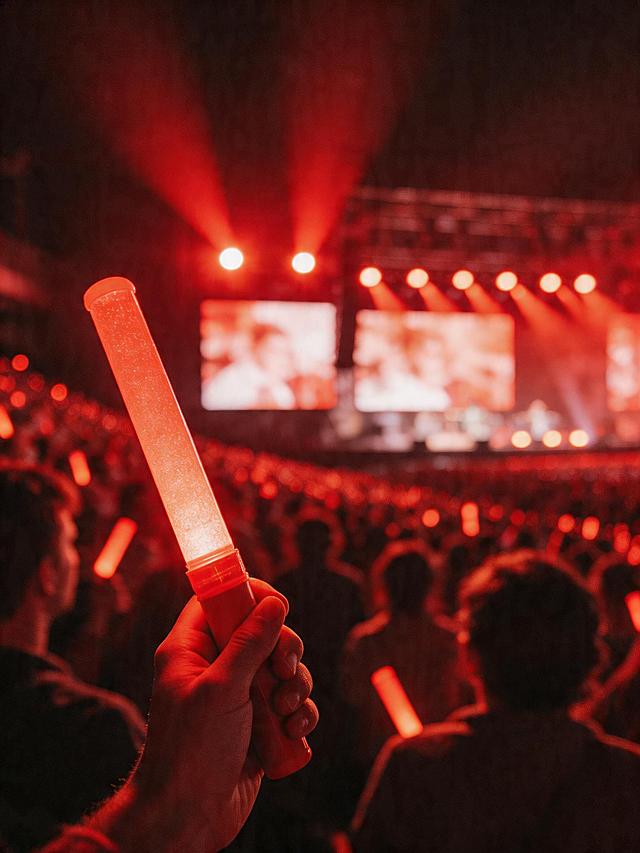 主体场景：夜晚演唱会内场观众第一视角，前景一只手高高举起亮着红光的荧光棒，占据画面左侧视觉中心；背景是舞台全景，红色舞台灯组、大型LED屏幕、台下密集的观众人群，沉浸式观演氛围拉满。构图与层次：第一人称手持视角，前景手与荧光棒为实焦，舞台与人群做渐进式模糊处理，背景虚化自然，纵深感强烈，还原现场观演的真实临场感。质感与滤镜：复古胶片质感，暖红色调滤镜，画面带自然胶片颗粒感，高光柔和、暗部通透，整体呈现朦胧氛围感，契合夜晚演唱会的怀旧情绪感。光线与氛围：夜晚现场仅舞台强红光氛围灯照明，光线明暗对比强烈，整体被暖红色光晕笼罩，营造热烈、治愈、充满青春回忆感的夜间演唱会氛围。摄影参数：高清晰度，手持跟拍视角，大光圈虚化背景，动态模糊自然，色彩浓郁复古，画面干净，情绪感拉满。