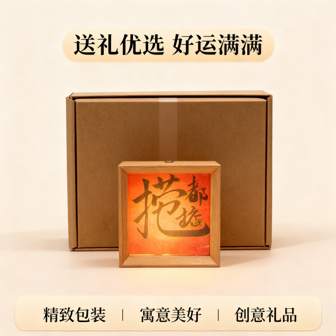 送礼佳品展示，书法小夜灯放置在礼盒包装中，木质产品搭配精美礼盒，适合节日送礼，寓意美好。产品外观与原图保持一致，新中式简约氛围，浅纯色背景，礼盒居中，产品放置在礼盒前方，清晰展示产品与包装。文案 "送预览效果