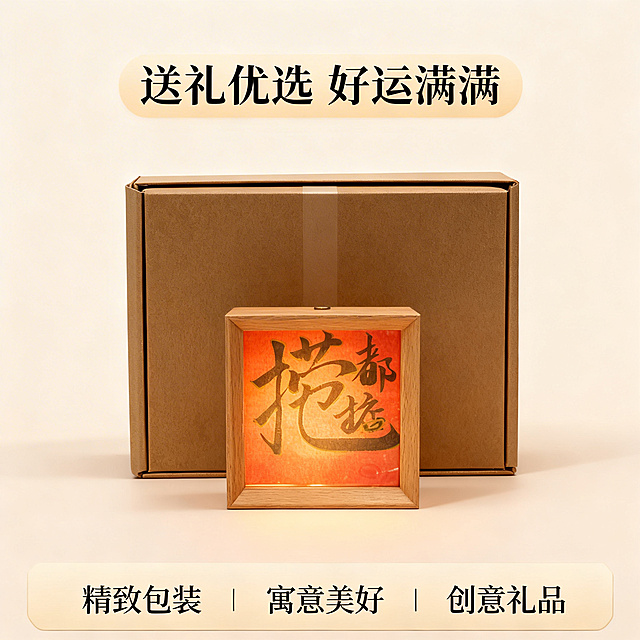 送礼佳品展示，书法小夜灯放置在礼盒包装中，木质产品搭配精美礼盒，适合节日送礼，寓意美好。产品外观与原图保持一致，新中式简约氛围，浅纯色背景，礼盒居中，产品放置在礼盒前方，清晰展示产品与包装。文案 "送礼优选 好运满满" 居中悬浮于画面顶部，底部横向排列三个服务卖点 "精致包装 寓意美好 创意礼品"，采用底部通栏服务风布局，风格保持与前四张一致，新中式治愈系禅意美学。