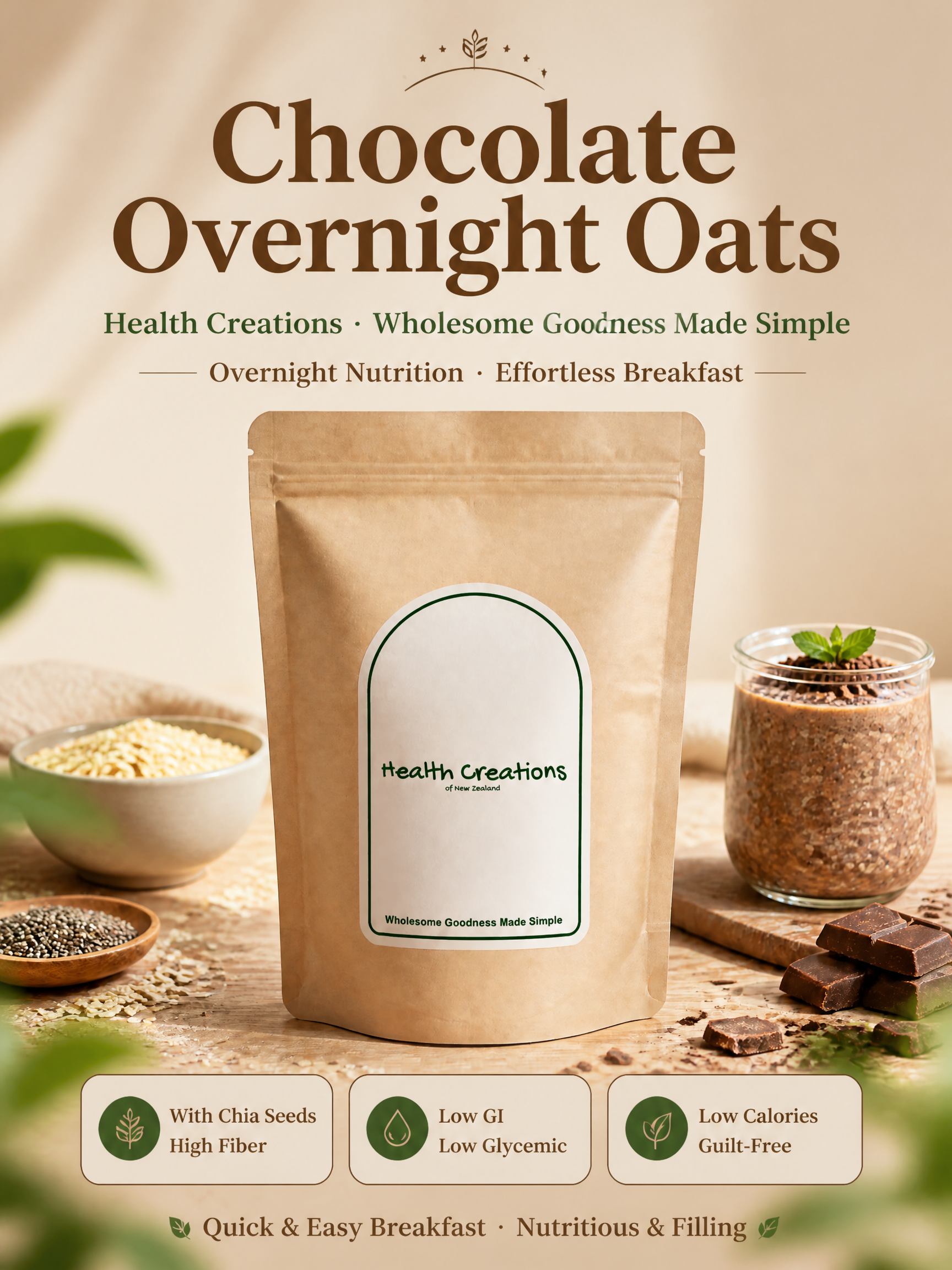 为Health Creations巧克力味隔夜燕麦产品制作一张… - 图片创意预览