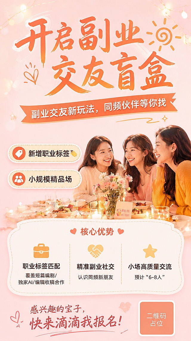 参考这张图片的版式骨架、氛围和暖粉色系风格，保留参考图的版式分区：大主标题区、副标题区、卖点标签区、信息卡片区和底部CTA区，字体层级和装饰元素风格保持一致，替换所有文案为本次内容。主标题大字体书法风格写"开启副业交友盲盒"，橙色渐变。次标题区域写"副业交友新玩法，同频伙伴等你找"。卖点标签为两个圆角矩形标签：第一个标签写"新增职业标签🏷️"，第二个标签写"小规模精品场"。中部信息卡片列出三个核心优势，左侧图标+文字：第一个：💼 职业标签匹配，覆盖短篇编剧/独家AI/编辑收稿合作；第二个：🤝 精准副业社交，认识同频新朋友；第三个：✨ 小场高质量交流，预计"6-8人"。底部CTA区域写：感兴趣的宝子，快来滴滴我报名！整体采用暖粉色渐变背景，点缀小太阳、爱心等暖系装饰元素，保持温馨活泼的社交氛围，和参考图风格一致。画面中所有二维码区域使用纯色方块占位符呈现，方块中央标注"二维码占位"文字，严禁生成任何可识别的二维码图案。画面中所有数字必须精确渲染，不得错位、遗漏或编造。画面中必须完整呈现以上所有文字信息。