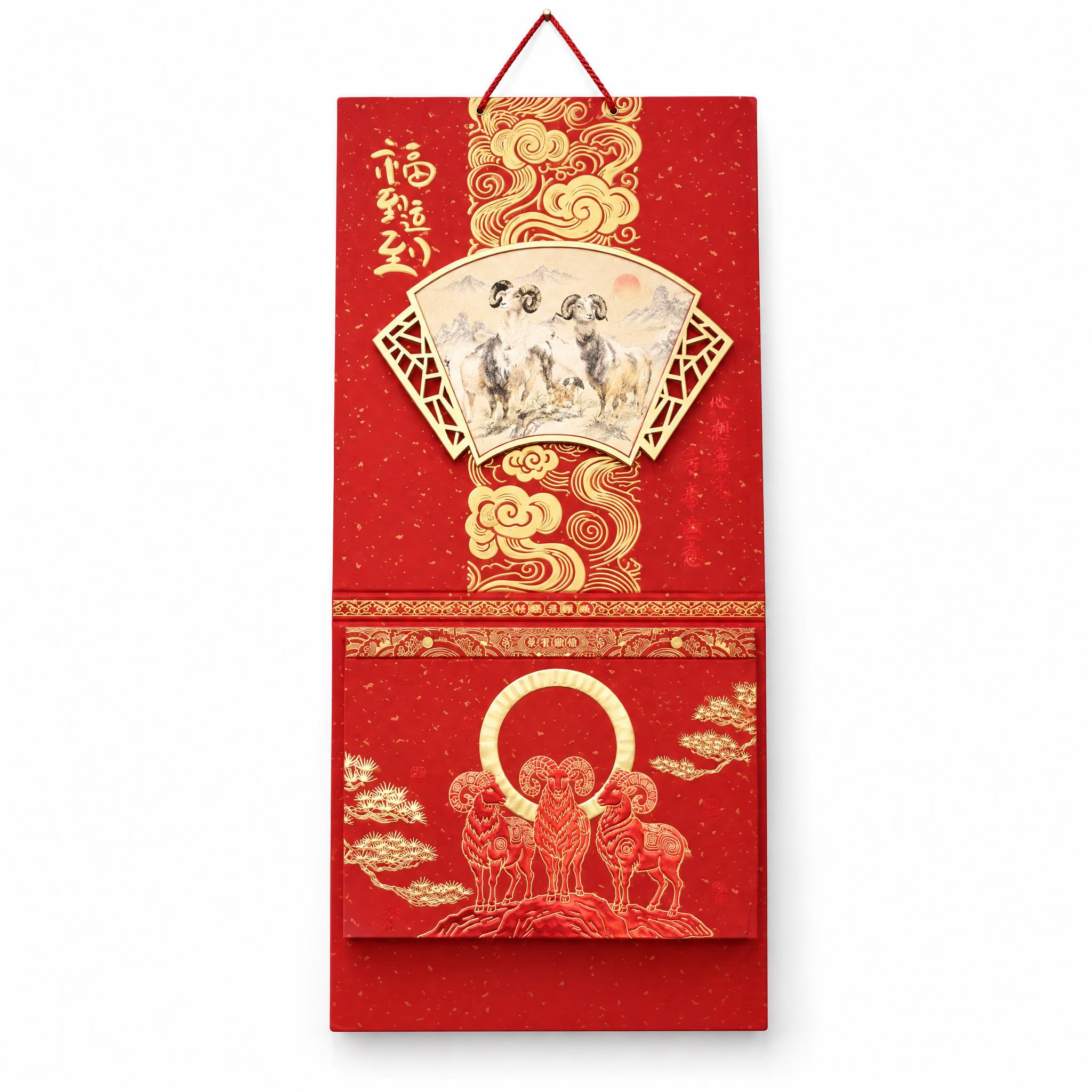 纯白色背景，image4三阳开泰扇形三羊开泰款撕历居中展示，产… - 图片创意预览