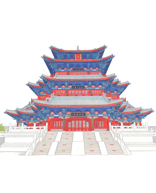 仅将图中的南川楼建筑部分修改为手绘插画风格，保留原建筑的颜色、结构和细节，地面台阶和天空保持原样不变，保留右侧红色文字"南川楼"预览效果