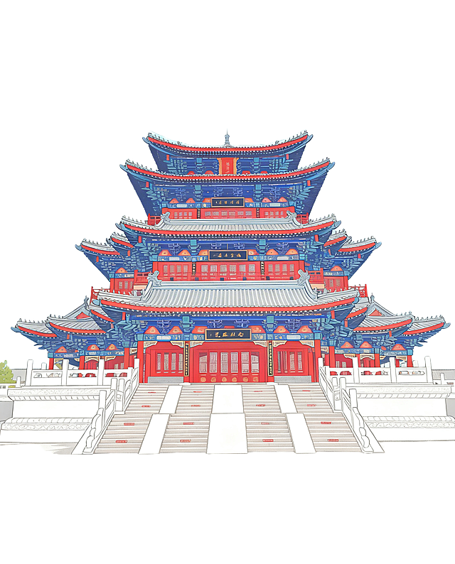 仅将图中的南川楼建筑部分修改为手绘插画风格，保留原建筑的颜色、结构和细节，地面台阶和天空保持原样不变，保留右侧红色文字"南川楼"