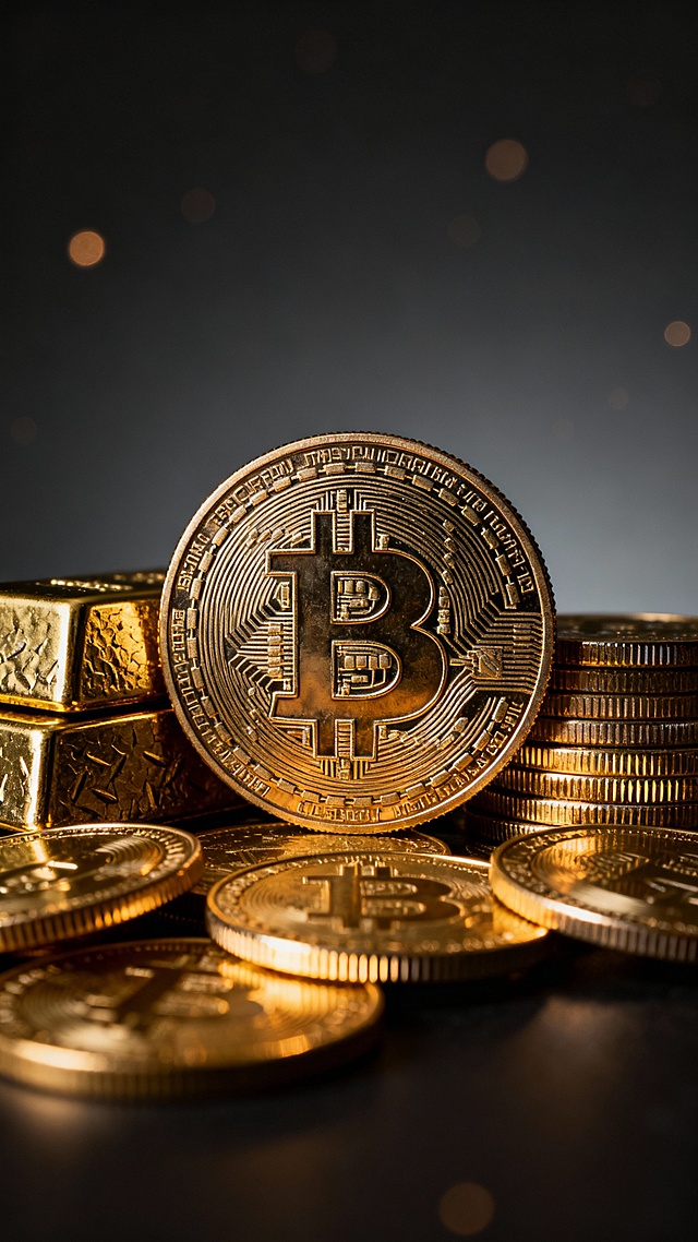 Bitcoin surrounded by gold bars and coins, dark background, soft cinematic lighting, luxury investment feel, ultra realistic texture, premium crypto style