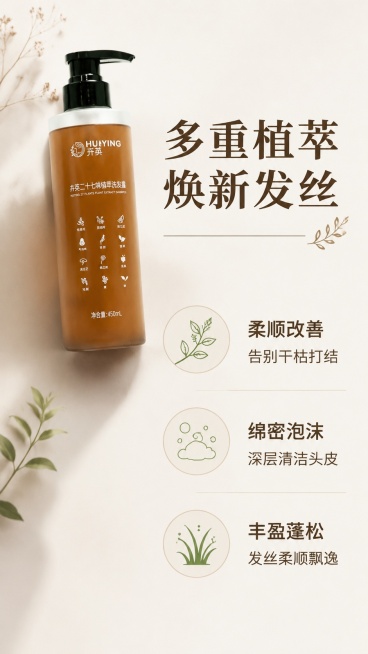 [第2屏] 核心功效卖点页-卉英二十七味植萃洗发露核心护发功效。本屏使用【图1】作为商品主体。
[氛围/风格] 干净简约专业风，浅米色背景，清晰信息层级，商业洗护设计质感。
[元素布局] 产品放置在画预览效果