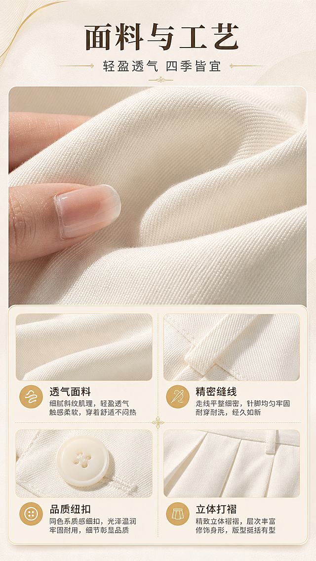 [商品] 使用【图1】米白色高腰直筒阔腿裤面料局部；商品处理：保留面料纹理、缝线针脚、腰头纽扣、口袋边缘；增强织物质感和细节清晰度，不改变材质和颜色。
[画面] 目标：面料工艺页，展示轻盈透气与精致做工；构图：上方大图为面料微距特写（手指轻触面料表现柔软），下方2×2宫格展示4处工艺细节；主体占画面70%；前景浅米色卡片承托，中景面料特写+工艺宫格，后景浅米色肌理背景+金色细线装饰；阅读动线从上到下。
[视觉] 套系策略：风格=高级轻熟通勤商业摄影；标题字=现代衬线粗体（优雅精致）；正文字=简洁无衬线体；主色=浅米色（奶油米）；背景延展=基于浅米色做深浅渐变、同色系层次和细腻哑光纸张质感；强调色=香槟金色，仅用于小面积图标、引线、装饰线条和标签底纹；标题色=深炭棕色；正文色=中暖灰；组件=圆角浅金信息卡、细金线引线、米色几何色块；光影=左前侧柔和暖光，人物边缘带金色轮廓光。
[文字] 顶部主标题「面料与工艺」，副标题「轻盈透气 四季皆宜」；下方4个工艺宫格配标签：透气面料 / 精密缝线 / 品质纽扣 / 立体打褶；每个标签配一行短句说明；所有文字横排。
[规格] 图片比例9:16竖版，4K分辨率，淘宝/天猫详情页风格；避免变形、错字、文字过小、冷蓝背景、裤子颜色改变、版型失真、极限词。