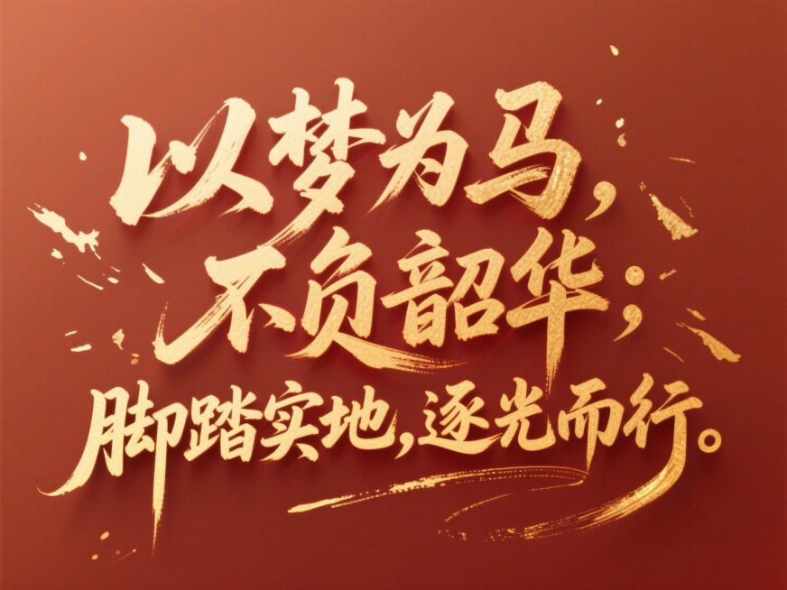 文案“以梦为马，不负韶华；脚踏实地，逐光而行。”，金色字体，红棕色背景，红金，中式预览效果