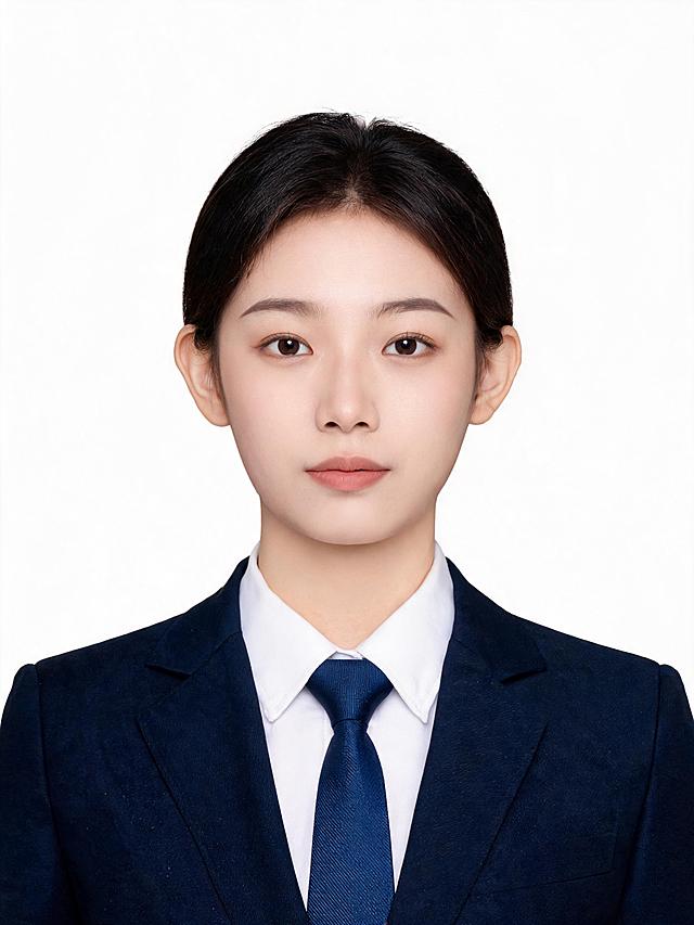 亚洲年轻女生，年龄20到30岁左右，正面免冠标准商务证件照，胸部以上胸像构图，人物居中端正，双肩平齐，平视镜头，表情自然平和，露出双耳与眉毛。身穿剪裁合身的藏青色正装西装外套，内搭挺括纯白色正装衬衫，系深蓝色简约商务领带，服装平整无杂乱褶皱；标准纯白色证件照背景，背景均匀纯净无杂色无阴影。专业影棚正面柔光布光，面部光影均匀通透，无生硬阴影与阴阳脸，肤色自然真实，轻微均匀肤色保留原生皮肤纹理，无过度磨皮；超写实摄影质感，300DPI 高清锐利，专业证件照标准，正式稳重，细节真实自然，不换脸、不变脸，仅优化精神状态，外貌特征与其他生成图不同