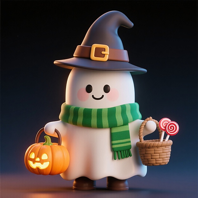 一个萌系幽灵形象。它戴着哈利波特巫师帽（带有棕色腰带扣），围着哈利波特绿色围巾，面带微笑，一只手提着发光的南瓜灯笼，另一只手提着一筐棒棒糖。深色渐变背景。