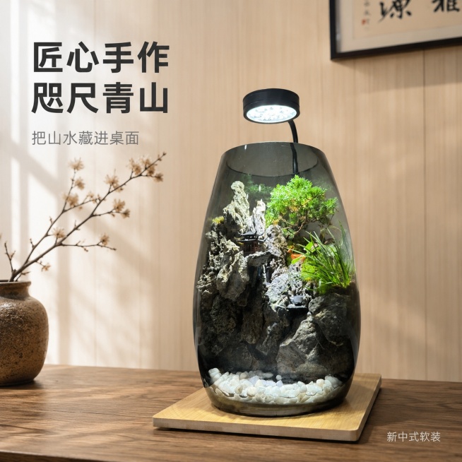 [主图-1] 空间氛围与单品呈现，匠心手作咫尺青山微景观生态瓶首图。氛围风格：新中式禅意，温馨居家生活感。画质：商业摄影质感、光线柔和通透、产品清晰真实、画面干净高级。元素：匠心手作咫尺青山微景观生态预览效果