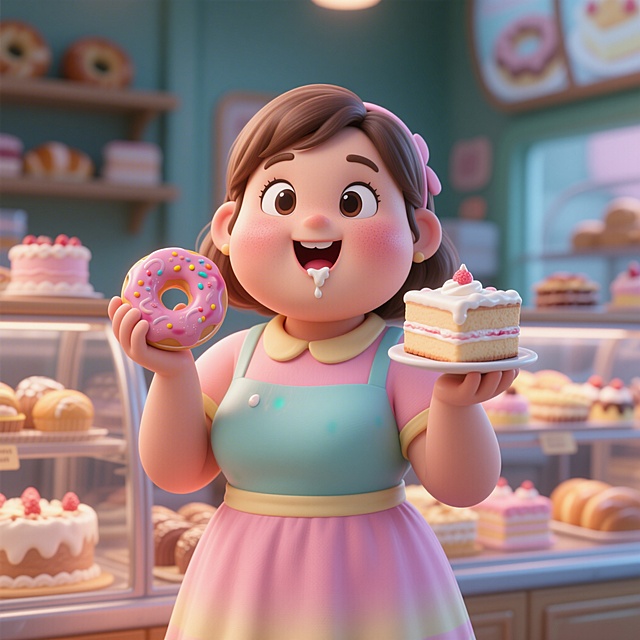 趣味3D插画风格，C4D渲染，OC渲染，Blender建模，柔软光线，马卡龙色系，泡泡玛特盲盒质感，光滑黏土材质，影棚打光，8k分辨率，超细节，一位圆脸微胖的年轻女性，脸颊肉嘟嘟，穿着可爱的糖果色连衣裙，站在烘焙坊柜台前，双手各举着一个甜甜圈和一块蛋糕，眼睛还盯着柜台里更多甜品，嘴角沾着奶油，表情兴奋又渴望，面部特写位于画面正中心，微距镜头拍摄，手臂圆润，腰部微粗，整体身材丰满，皮肤细腻但脸颊泛红，略带油光，嘴角有白色奶油渍，背景是模糊的烘焙坊柜台，有各种蛋糕面包轮廓，整体氛围兴奋贪婪，甜食偏好MAX