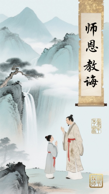 竖版构图，以浅青色为基调的古风山水背景：层叠山峦若隐若现，飞流直下的瀑布溅起细碎水雾，苍劲松树斜倚崖边，松针清晰可辨；乳白色云雾如纱幔缠绕山间，呈水墨晕染般的朦胧质感，同时兼具工笔细描的细腻 —— 山预览效果
