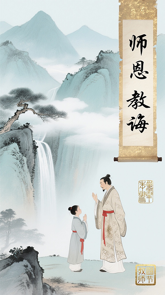 古典中式工笔水墨风，师徒对拜，山水背景，教师节主题。