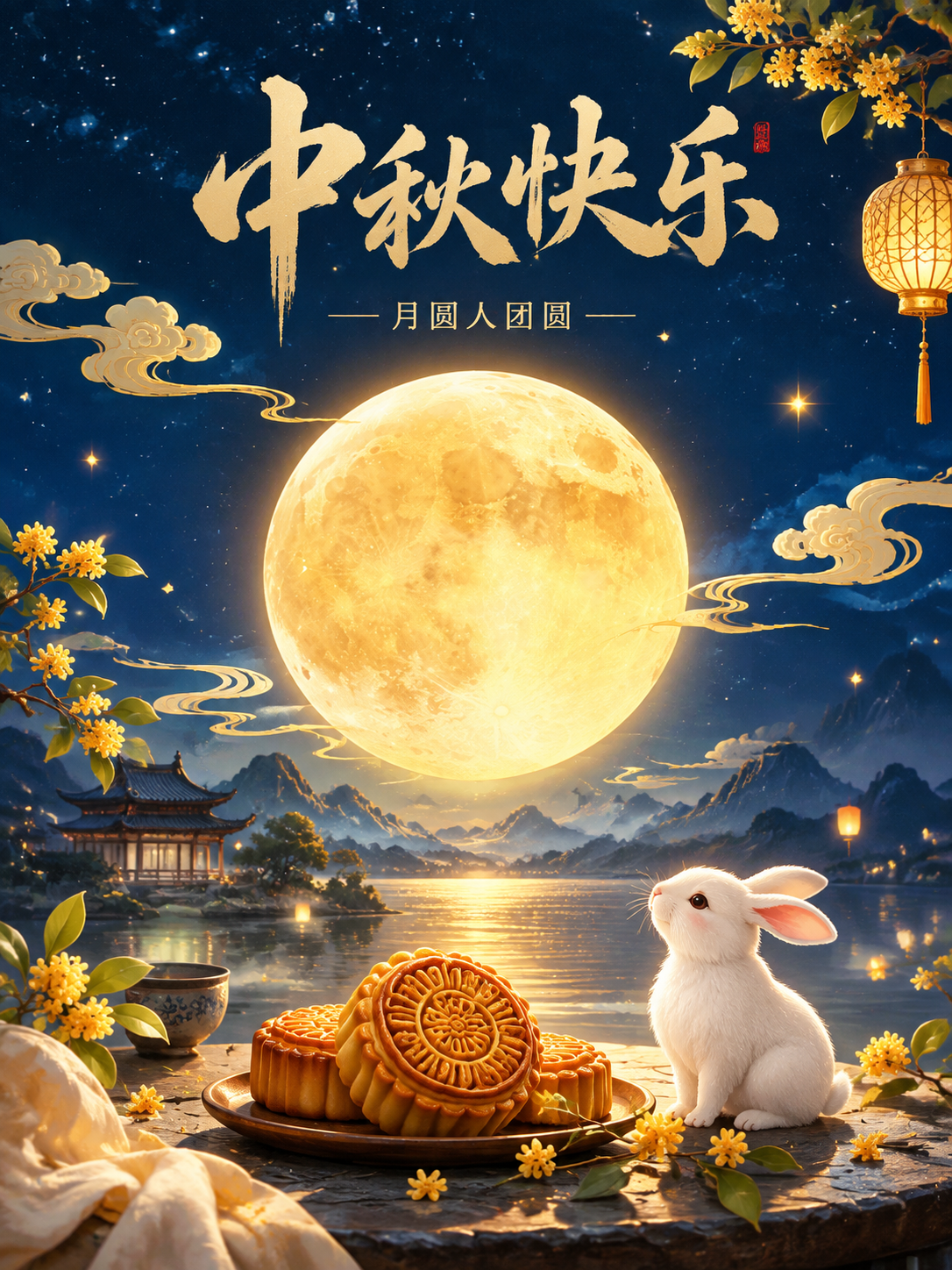 中秋节小红书海报，竖版构图，国潮新中式风格，画面主体是一轮金黄… - 图片创意预览