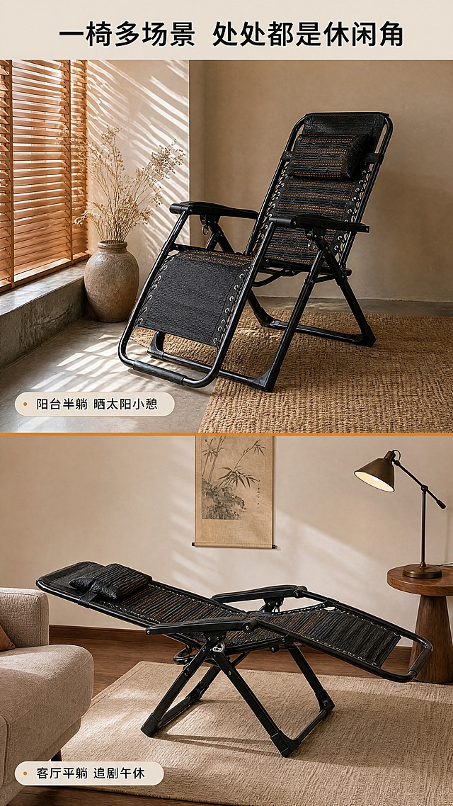 [商品] 以【图26】作为“上下两格、同款产品两种场景”的版式参考，但场景、道具与光线必须完全不同（不得出现参考图的白色书架墙、细叶绿植、白色纱帘＋灰色地砖那种组合）。产品使用本款原图：以【图3】作为半躺状态的侧视角参考，【图9】作为170°完全平躺状态参考，【图1】【图6】作为整椅形态与头枕参考，【图2】【图5】作为椅面弹力绑带与调节锁扣细节参考，【图10】作为椅背结构参考。严格保持黑色编织椅面＋横向金橙色条纹、弹力绳与金属气眼、黑色烤漆钢管框架与交叉支撑、防滑脚垫、扶手与调节锁扣、深色头枕；不得换色、不得改成其他款式。
[画面] 目标：一张图展示同一把椅子在两种不同居家场景中的摆放效果。构图：画面竖向均分为上下两格，中间以一条细琥珀橙分隔线隔开。上格为阳台飘窗角落场景：左侧木质百叶窗篒下斜射的暖阳光栅条纹光影，地面为藤编地垫与暖灰水泥地，角落放一只素色陶罐与几枝干花，椅子以约130°半躺状态斜向摆放，产品占该格约55%，透视自然、有真实落地影。下格为客厅木地板角落场景：深胡桃木地板、羊毛地毯、右侧木质边几上的金属落地灯、后面墙面挂一幅水墨挂画、画面边角入镜一小部分亚麻布沙发，椅子以170°完全平躺状态摆放，产品占该格约55%，靠背完全后仰、头枕托到末端。两格均为无人物的纯产品场景，不得出现人、手、手臂，不得摆放水杯、书本、手机等抢镜道具。景别：中全景，左右角度各异，避免两格构图相似。
[视觉] 套系策略：风格=明亮居家实拍质感·暖调生活感（与详情页其余页面一致）；标题字=思源黑体加粗；正文字=细黑体；主色=暖米杏#E8DCC8；背景延展=基于暖米杏做深浅层级、暖木纹与藤编／羊毛织物肌理与同色渐变；强调色=琥珀橙#D98A2B，仅用于小面积图标、标签胶囊与分隔线；标题色=深墨黑#1E1B18；正文色=暖灰#6E6255；组件=圆角米色胶囊标签+细线分隔线；光影=上格暖阳百叶斜光、下格落地灯暖光混合窗光，两格光位不同但色温统一，产品轮廓干净。
[文字] 文字极少且全部横向排版。顶部可放一行主标题“一椅多场景 处处都是休闲角”（中大字，深墨黑）；上格左下角小胶囊“阳台半躺 晒太阳小憩”，下格左下角小胶囊“客厅平躺 追剧午休”；若空间不足则只保留顶部主标题。文字不得遮挡产品主体，禁止竖排、旋转排、斜排文字；禁止出现“置物袋”等与本产品不符的文案，禁止极限词、价格促销与平台角标。
[规格] 图片比例9:16竖版，4K分辨率，避免人手与人物、避免与参考图相同的场景与道具、避免两格构图雷同、避免变形、错字、文字过小、产品颜色与结构改变、冷蓝冷灰成为主色、水印与平台角标。