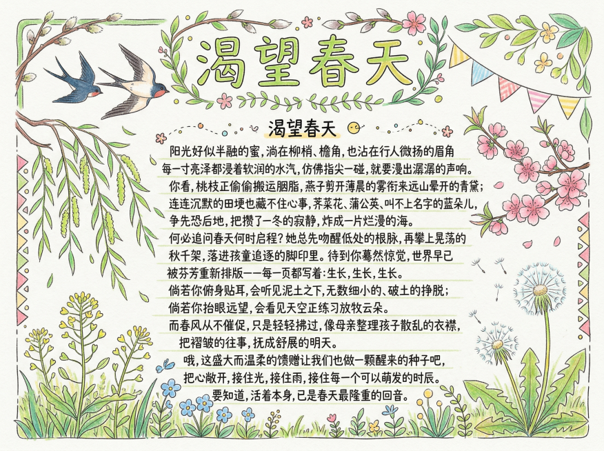 手绘风格的春天主题手抄报，包含诗歌《渴望春天》全文，整体充满春天和青春的气息，画面清新治愈，有柳芽、桃花、燕子、蒲公英等春季植物花卉元素，手绘插画风格，排版清新舒适，诗歌文字清晰可辨，整体像手绘创作的预览效果
