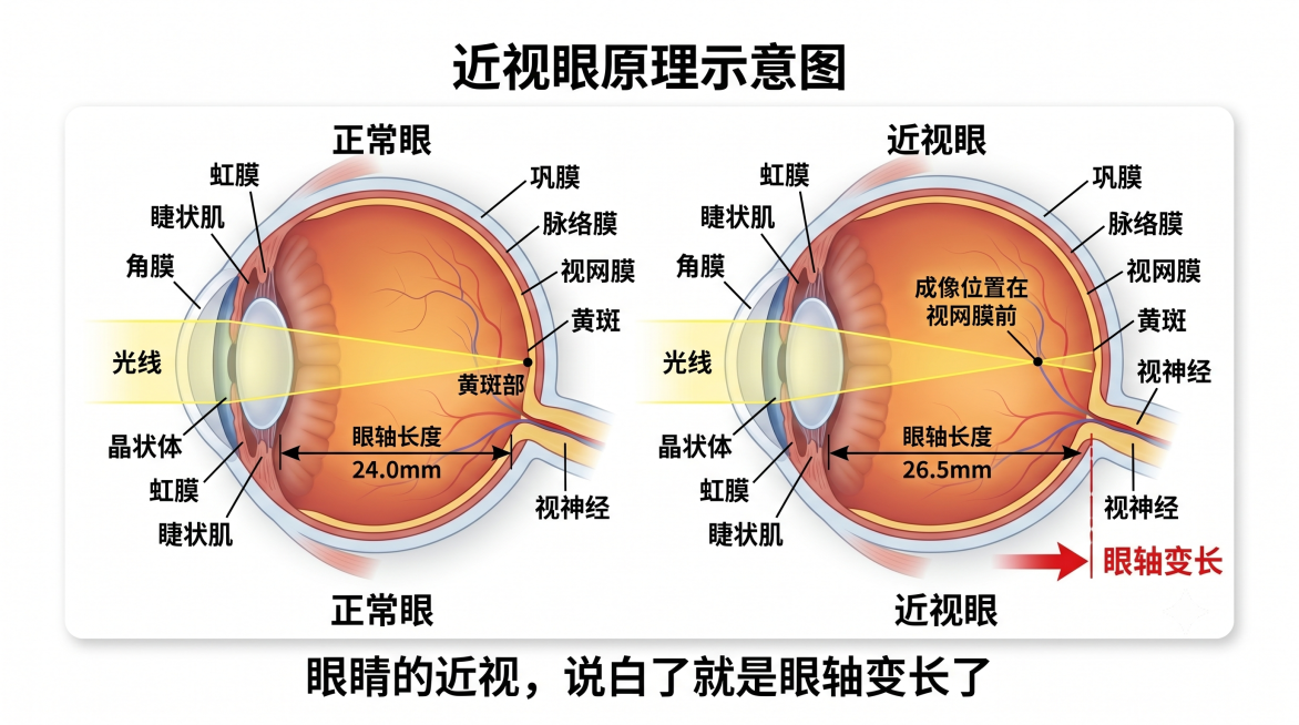 医学科普插图，展示近视眼原理：标注出近视眼是眼轴变长的示意图，清晰标注眼球结构和眼轴，专业医学插画风格，配文"眼睛的近视，说白了就是眼轴变长了"，16:9比例预览效果