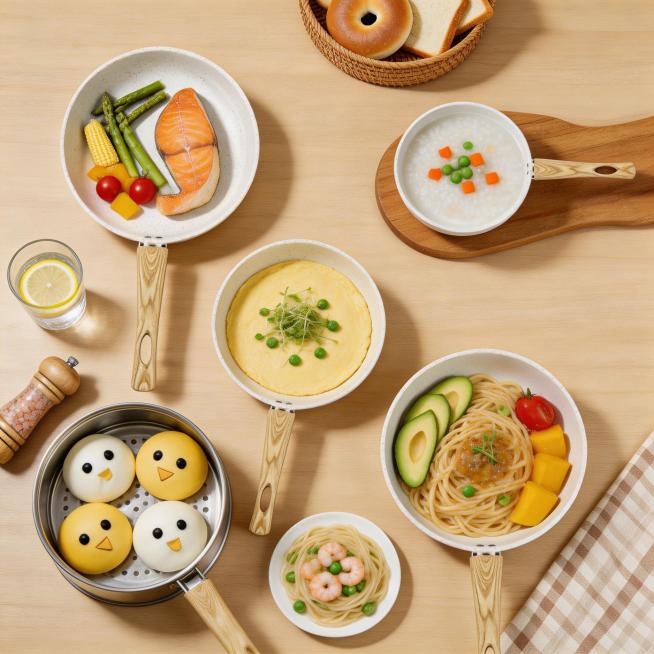 保持产品形态大小和位置不变，生成一张充满温馨治愈感的美食与厨具场景图，整体以暖米色为基调，光线柔和明亮，营造舒适的居家饮食氛围。核心元素：以图中的多只麦饭石色不粘锅为主体，锅具搭配浅木色手柄，质感清新预览效果