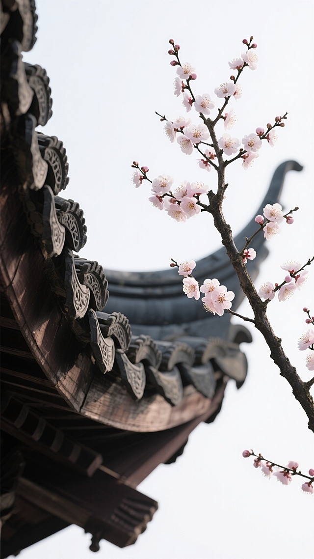 写实风格摄影，特写镜头下的中国传统古建筑飞檐与盛开的梅花，飞檐呈现深灰色调，瓦片纹理清晰，带有传统雕花装饰，木质结构细节精致，右侧一枝梅花斜伸而出，枝干苍劲，粉白色梅花绽放，花瓣层次分明，花蕊清晰可见，花朵疏密有致，整体画面以纯白色为干净背景，光线柔和，阴影细腻，突出飞檐的古朴质感与梅花的清雅姿态，营造出宁静典雅的东方美学氛围。