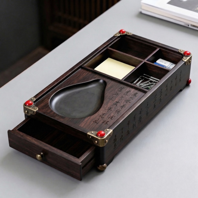 删除图中收纳盒上方格子里的所有笔，保留原增高设计、抽拉抽屉、砚池凹槽、书法雕刻和朱砂青铜装饰，保持收纳盒内现有便签、回形针、U盘不变，摆放在浅灰色办公桌面，画面清晰。预览效果