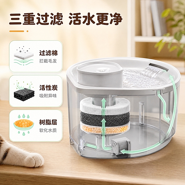 [主图-2] 核心功能亮点图，核心任务是展示喂水器的多重过滤净水系统和活水循环原理，证明水质洁净安全。
[统一基调] 整体风格为温馨治愈暖调家居风，背景主色为奶油米白色+浅木色，辅助色为浅薄荷绿，强调色为暖橘色，卡片和图标用白色圆角矩形配浅绿描边，标题字色为深暖棕色，辅助字色为中灰色，字体为圆润可爱的圆体无衬线字体，字形饱满亲和。
[画面] 产品位于画面右侧，占画面约45%，为侧面透视角度，透明水箱做半透明剖面效果，清晰展示内部水流循环路径：底部水泵抽水→向上通过滤芯→从顶部出水口流出→形成流动水盘→回流到水箱。画面左侧有三个竖向排列的白色圆角功能卡片，每张卡片配小图标和短文字，分别展示：第一层过滤棉拦截毛发杂质、第二层活性炭吸附异味、第三层树脂软化水质。卡片上方有大标题。背景延续温馨家居感，浅木色桌面，后方虚化的白色书架和绿植点缀，一只猫咪的爪子轻轻搭在桌面边缘入镜，增加宠物关联感。
[光影质感] 商业产品摄影质感，主光来自左上方，产品透明部分体现通透质感，内部水流有微光流动效果，滤芯层次分明，卡片有轻微投影立体感，整体光线柔和均匀。
[配色] 主背景奶油米白+浅木色，产品白灰透明本色，功能卡片白底浅绿边，水流和过滤相关元素用浅薄荷绿点缀，标题深暖棕色，辅助文字中灰色，整体保持统一暖色调。
[文字版式] 左上方主标题为圆润粗圆体大字「三重过滤 活水更净」。左侧三张功能卡片从上到下分别写「过滤棉 拦截毛发」「活性炭 吸附异味」「树脂层 软化水质」，每张卡片左侧配对应小图标。文字均为横排，字号层级分明，主标题最大，卡片标题中等，说明文字最小。
[输出要求] 1:1正方形 2048x2048 2K高清，产品外观结构与输入图一致，内部结构表达清晰合理不臆造，文字清晰可读，画面干净专业，禁止出现水印、平台logo、错字、模糊、医疗化表达。