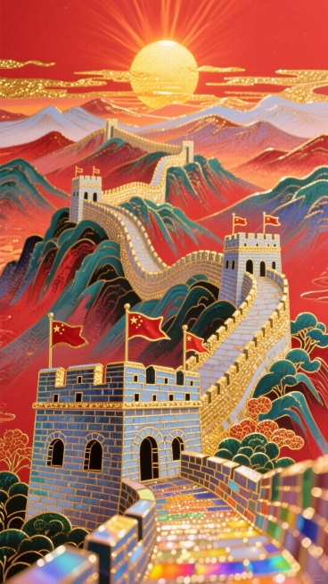 长城+山河，国庆喜庆氛围，红色背景，看日出预览效果