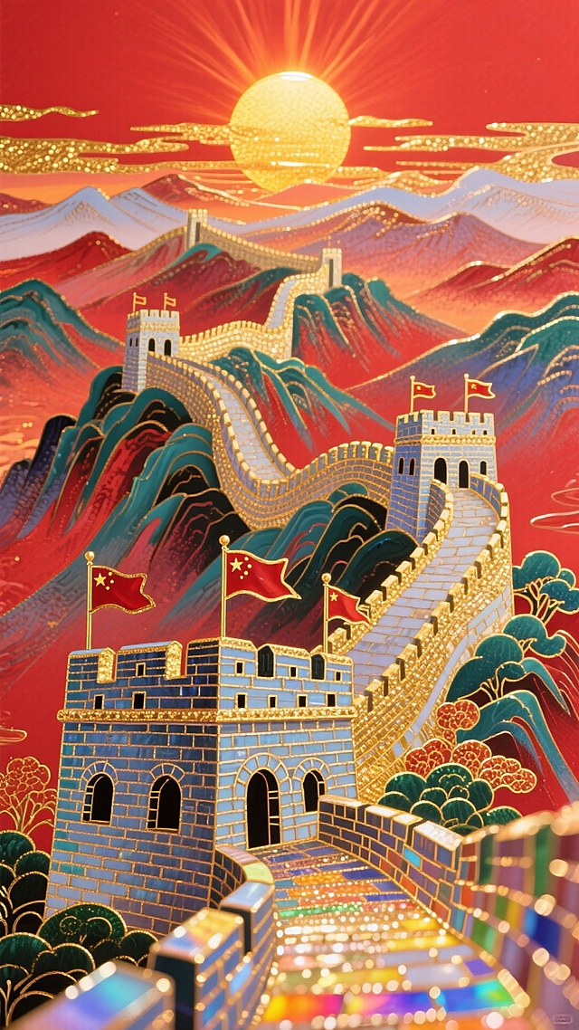 国潮风插画，鎏金浮雕质感长城蜿蜒于彩山之间，红旗迎风飘扬，光影璀璨，喜庆奢华，尽显民族气魄与梦幻意境。