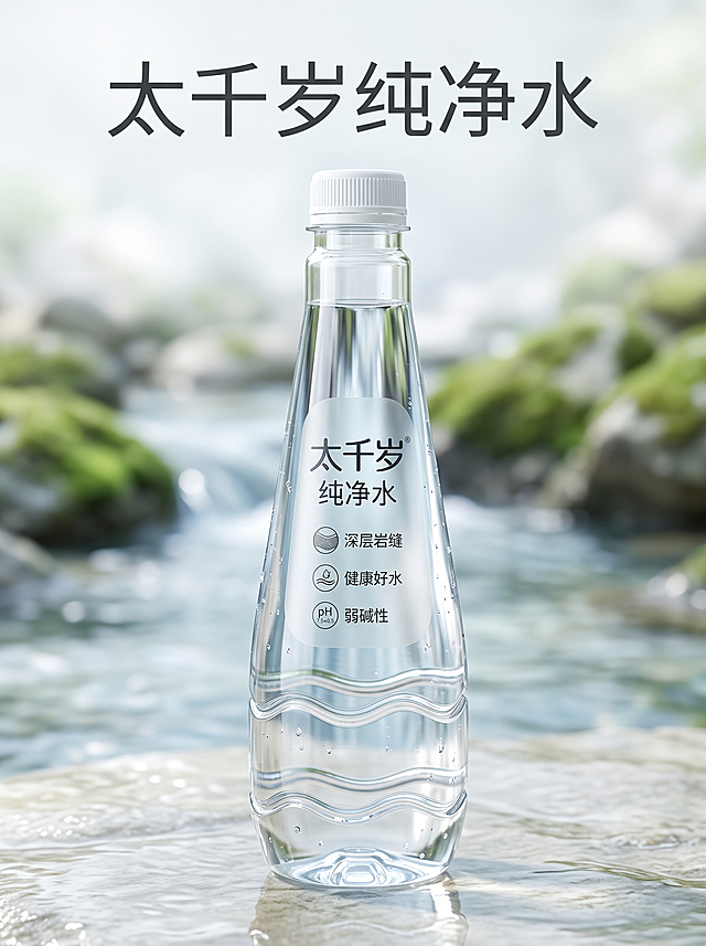 基于瓶子模型，制作太千岁纯净水电商主图，风格清新，卖点文字：深层岩缝，健康好水，弱碱性，商品名称：太千岁纯净水，适配淘宝天猫平台，背景清新干净突出产品。