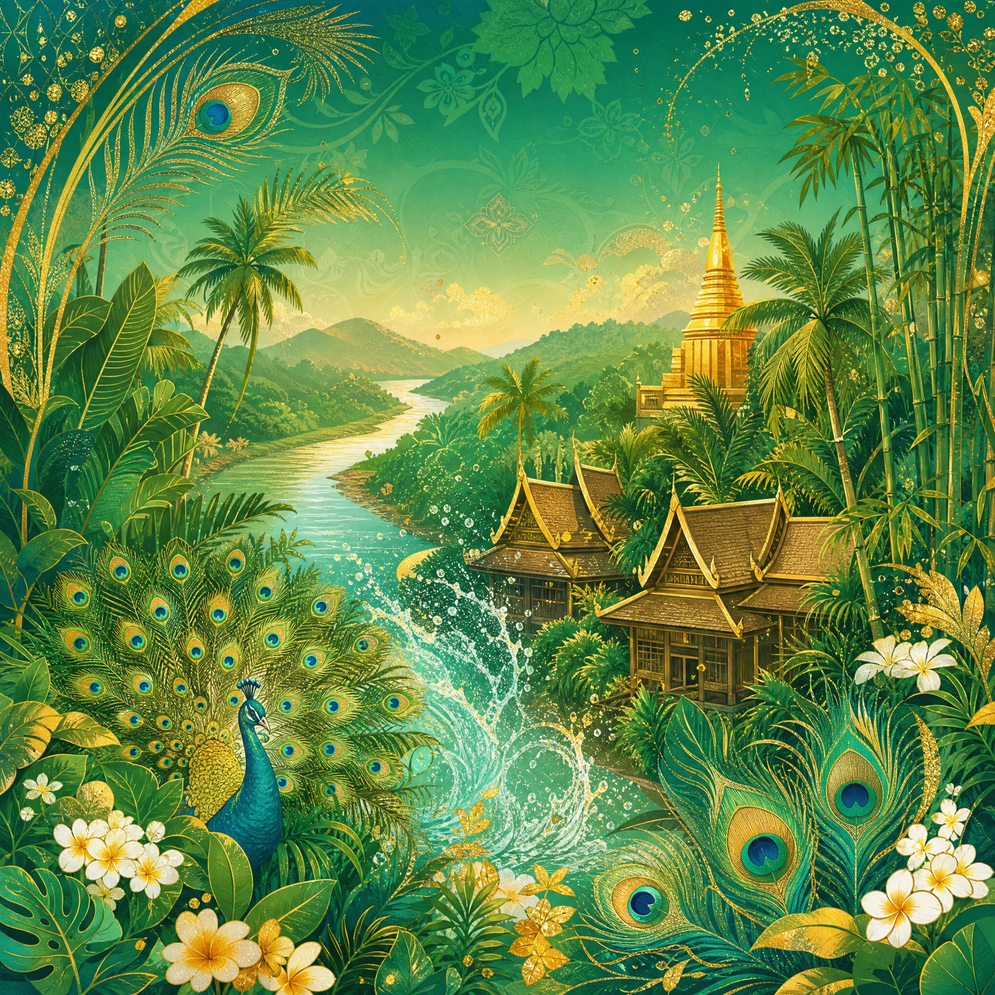 国潮风景插画，傣族主题，西双版纳热带雨林中，傣家竹楼掩映在棕榈… - 图片创意预览